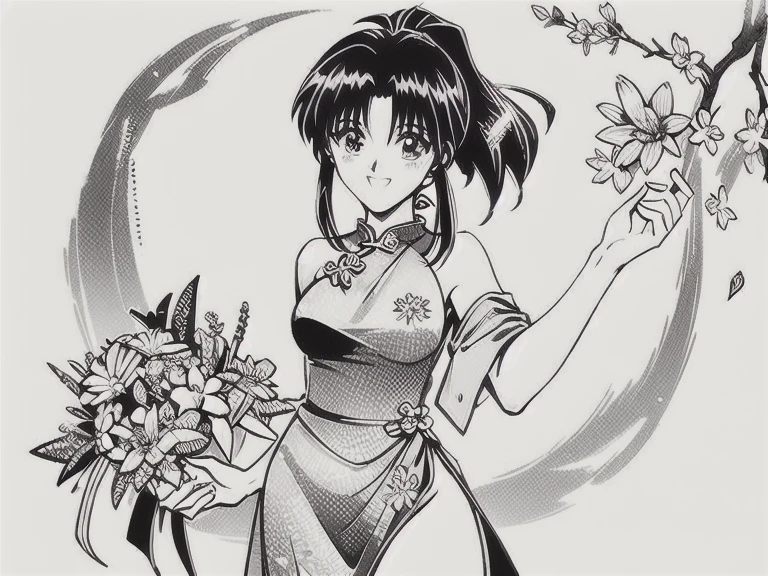 A stunning 17-year-old anime girl, solo and radiant, dons a breathtaking chinese dress, bare shoulder. Her slender body and long legs are showcased as she strikes a shy yet captivating smile. Her beautiful eyes sparkle under the gentle framing of her raven-black locks, hair tien in ponytail which cascade down her face like a waterfall. In high-quality monochromatic tones, her kaorumanga-inspired beauty shines bright against a simple, uncluttered background, drawing full focus on her resplendent figure,(bunch of flowers:1.3), (zentangle:1.2), (geometric:1.2)