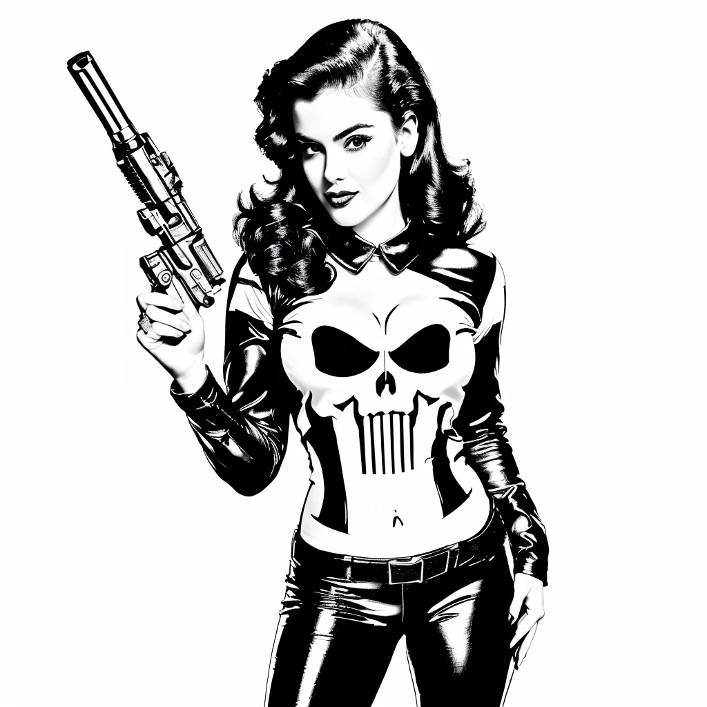 sexy pinup wearing a punisher shirt, coloring page, black and white, white background, entire body in shot, holding highly detailed gun