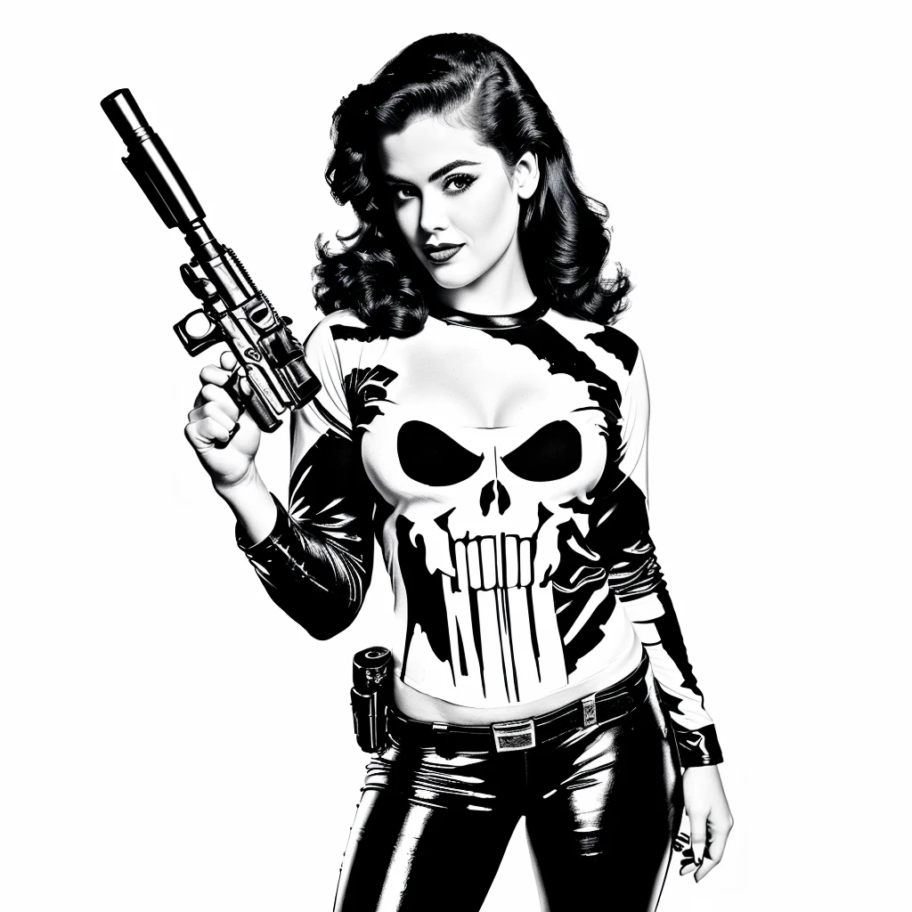 sexy pinup wearing a punisher shirt, coloring page, black and white, white background, entire body in shot, holding highly detailed gun