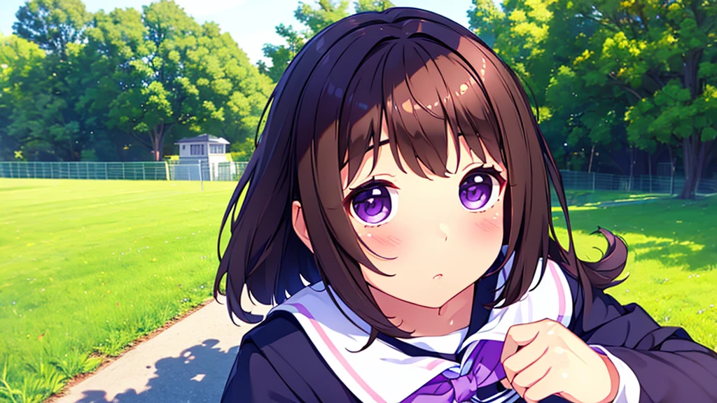 (High quality), (masterpiece), (very detailed), girl, (very small bust), short brown hair, purple eyes, shy face, (primary school ), showing her thighs, on the school yard, sunny, camera angle from below, adorable eyes, (primar school uniform)