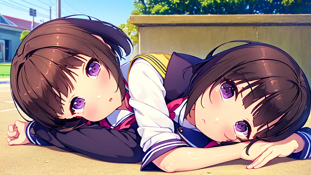 (High quality), (masterpiece), (very detailed), girl, (very small bust), short brown hair, purple eyes, shy face, (li), showing her thighs, on the school yard, sunny, camera angle from below, adorable eyes, (primar school uniform)