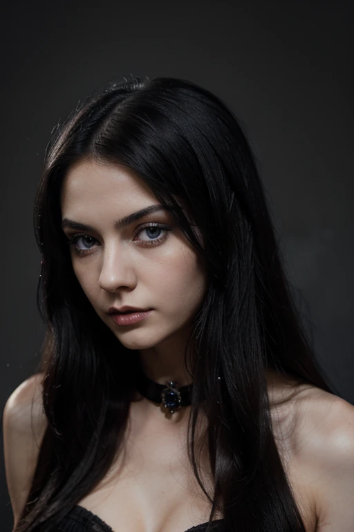 Masterpiece, Best Quality, A very beautiful and mysterious woman with long straight black hair, big blue eyes and pale complexion, gothic, from Madrid, 22 years, very elegant, sexy, hair like Cleopatra