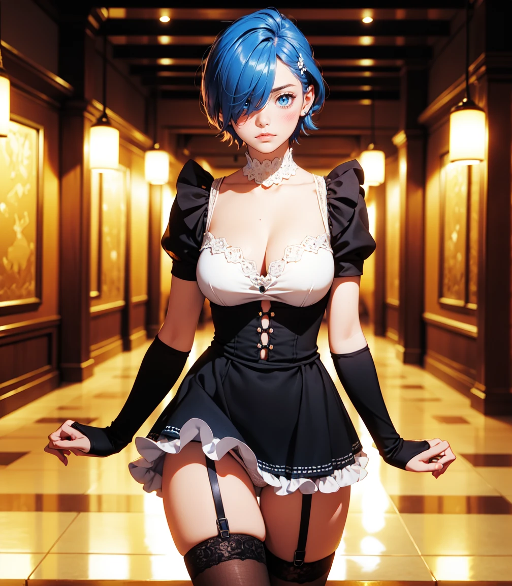Masterpiece, best quality, 16k resolution, NVIDIA RTX Ray Tracing technology, Create a 4K resolution, ultra-realistic, and extremely detailed artwork, award winning, retina, soft light, sharp focus.(hyper-realistic:1.4) , (medium shot:1.5)
Rem from rezero, (remrin), cute, lustrous skin, enchanting gaze, blue hair, short hair, (hair over one eye:1.3), blue eyes, roswaal mansion maid uniform, black skirt, garter belt, intricate lace, apron, white thighhighs, looking at viewer, strongly ashamed, embarrased, blushing, epic, cinematic, dramatic, reflective, shining, purple glow, big breasts, cleavage, sexy, modeling pose, turned
smooth perfect skin, smooth_skin
Beautiful、(red blush)、big breasts,
FULL BODY SHOT, ultra wide angle, textured skin, face detail, clean skin, perfect hands, perfect anatomy, anatomically correct