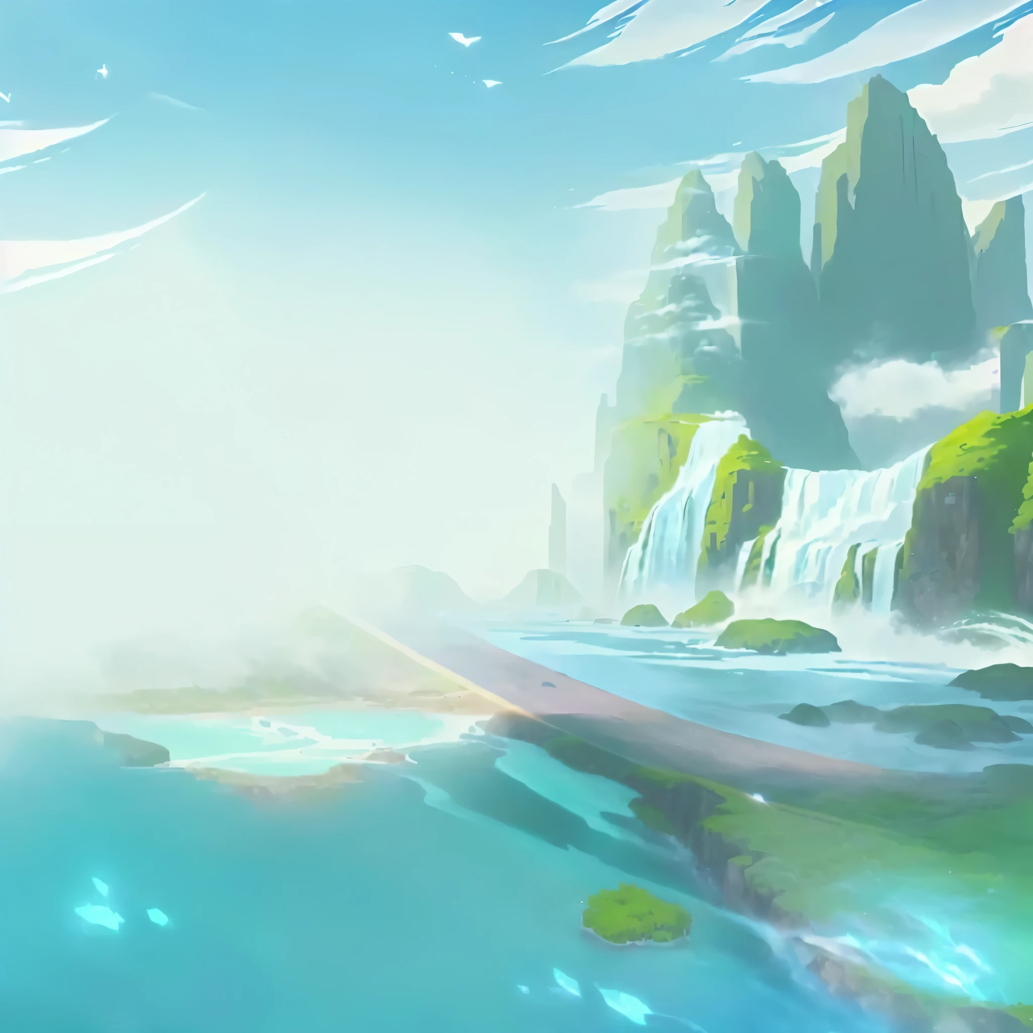 there is a cartoon picture of a river with a waterfall, background art, island background, background artwork, epic background, breezy background, magnificent background, cool background, random background scene, ethereal background, mobile game background, the background is misty, game background, anime background, lake background, videogame background, arena background, anime background art, background image, gorgeous background