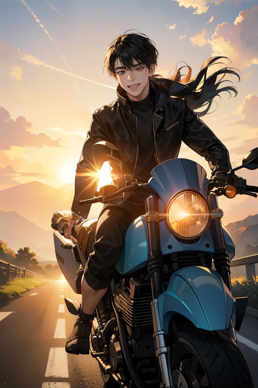 The sun is setting in a spectacular display of hues, casting a warm glow over the wide, winding road. A young man, his chiseled features illuminated by the setting sun, is skillfully maneuvering a sleek, shiny motorcycle. The motorcycle's reflection gleams off the asphalt, its intricate details and gleaming paint job caught in the fading light. The young man is fully absorbed in the thrill of the moment, his hair blowing in the wind and a determined grin etched on his face. The road twists and turns, and the young man expertly navigates each turn, leaving a trail of dust in his wake. The scene is a testament to
