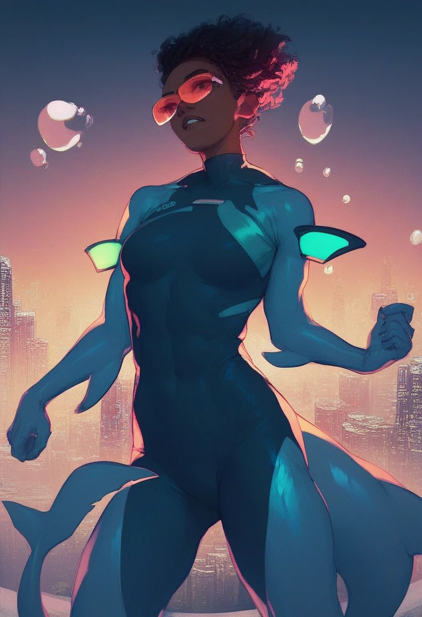 score_9, score_8_up, score_7_up, score_6_up, score_5_up, score_4_up, 1girl, A shark girl navigating a bustling, underwater city at night. She has a sleek, aquatic aesthetic with a streamlined shark tail and dark skin tight suit. Her hair is cut short, colored in shades of blue. The cityscape behind her is filled with towering skyscrapers, 1950 advertisements, and bathyspheres. She looks confident and determined, ready to take on any challenges the urban jungle throws at her. Highly detailed, vibrant colors, 1950's elements, dynamic lighting.