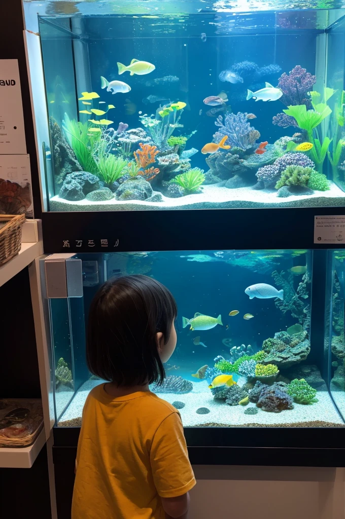 aquarium、Large sink、dim、quiet、A girl in front of an aquarium、Girl looking at a fish tank