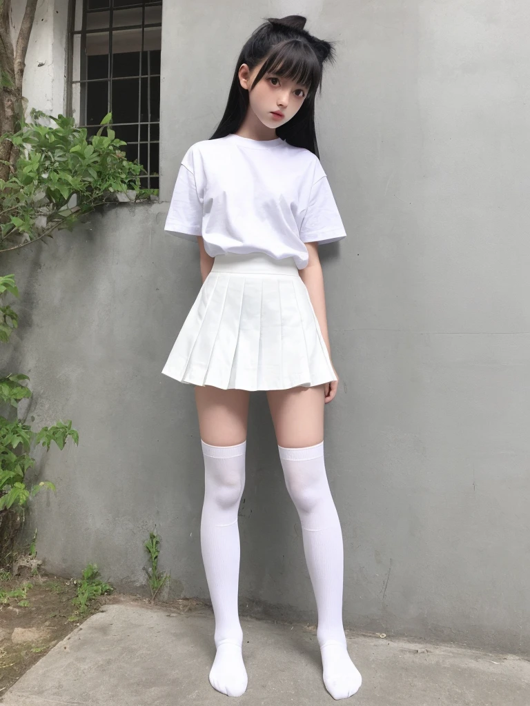 A woman wearing white knee-high socks、White T-shirt、White mini skirt、Japanese、Standing posture、The whole body is in it、Highest quality、