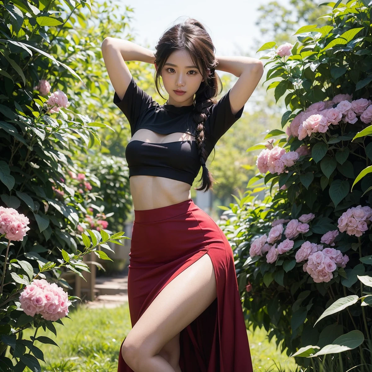 Beautiful Japanese Waifu, early 30s, brunette hair, cropped black top, red dress