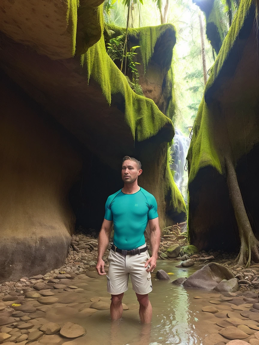 a man holding an intertube, standing in jungle stream with cave in background, swim shorts, headlamp, lifevest. instagram photo best quality, 4k, cave exploring, wet jungle green shirt cave tubing