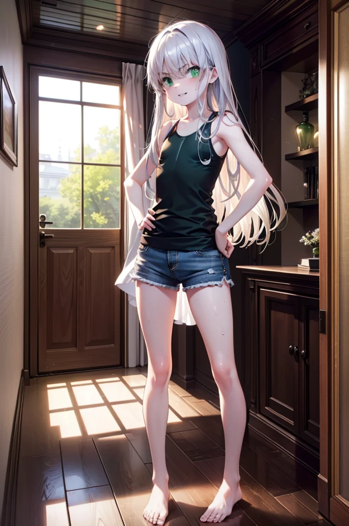 index, index, (Green Eyes:1.5), Silver Hair, Long Hair, (Flat Chest:1.2),smile,Angry,Sweat,Sheer white tank top,Shorts,barefoot,barefoot,Place your hands on your hips,Standing with your legs apart,
break looking at viewer, whole body,
break indoors, Home,entrance,
break (masterpiece:1.2), Highest quality, High resolution, unity 8k wallpaper, (figure:0.8), (Beautiful attention to detail:1.6), Highly detailed face, Perfect lighting, Highly detailed CG, (Perfect hands, Perfect Anatomy),