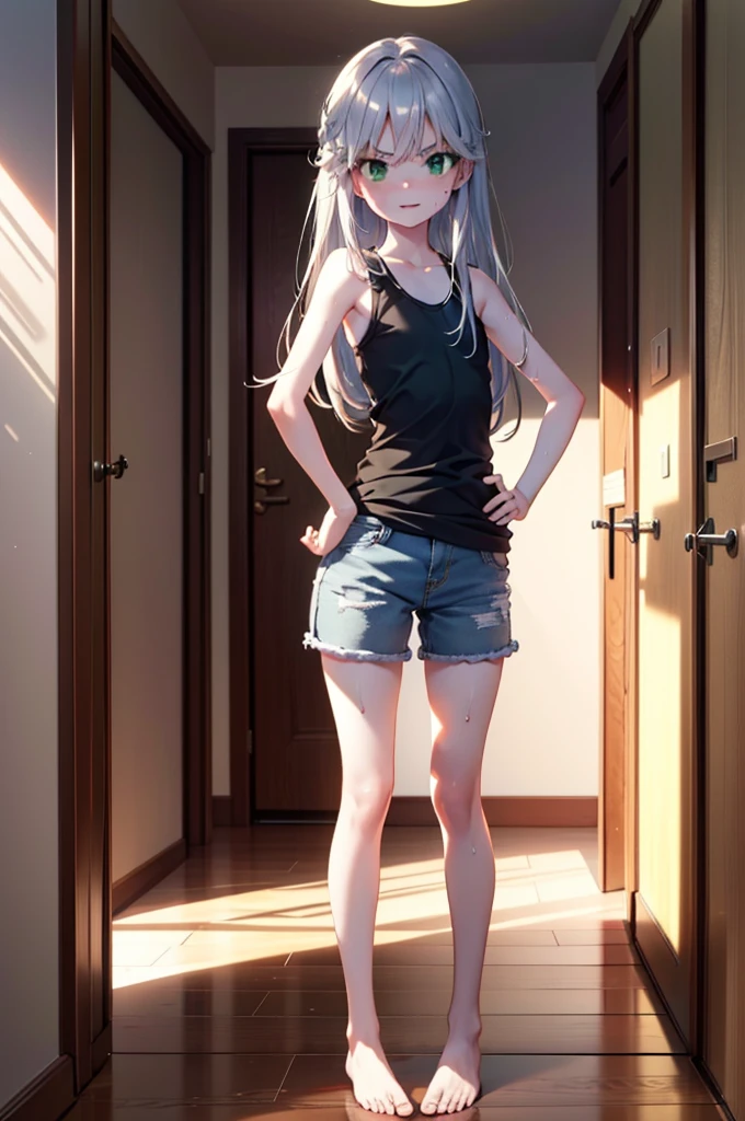 index, index, (Green Eyes:1.5), Silver Hair, Long Hair, (Flat Chest:1.2),smile,Angry,Sweat,Sheer white tank top,Shorts,barefoot,barefoot,Place your hands on your hips,Standing with your legs apart,
break looking at viewer, whole body,
break indoors, Home,entrance,
break (masterpiece:1.2), Highest quality, High resolution, unity 8k wallpaper, (figure:0.8), (Beautiful attention to detail:1.6), Highly detailed face, Perfect lighting, Highly detailed CG, (Perfect hands, Perfect Anatomy),