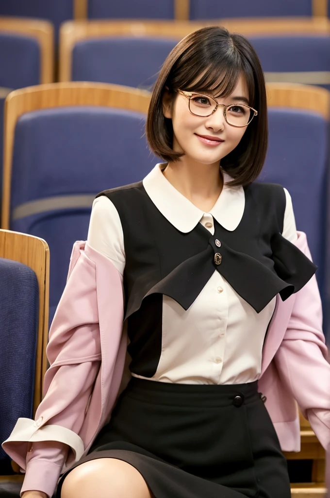 A voluptuous, rounded body、University lecture hall, university psychology associate professor, ((full body)), ((photo)), ((best qualtiy, 8K, tmasterpiece:1.3)), Focus:1.2, perfect figure beautiful woman:1.41woman, cowboy shot, look at viewer, eyes facing the camera, incredibly absurd, beautiful and cute woman with a photorealistic face, showcasing top-quality craftsmanship, A Japanese woman giving a lecture at a university lecture hall, 27 years old, with a bob cut and flipped hair, short bangs swept at an angle, smooth and shiny hair, natural hairline, fair and smooth skin, plump and healthy cheeks, large, jet black eyes, round eyes, long and upward-facing eyelashes, double eyelids, thin and straight eyebrows, small and round nose, plump lips, upturned corners of the mouth, charming smile, cute face, glamorous, well-balanced proportions, tall, beautiful D-cup breasts, silver-rimmed glasses, pink blouse, black tight skirt, fashion with a waist-marked silhouette, scarf, heeled shoes, vanilla perfume, beautiful, pretty older woman, glasses suit her, knowledgeable, playful, curious, smart, elegant, November
