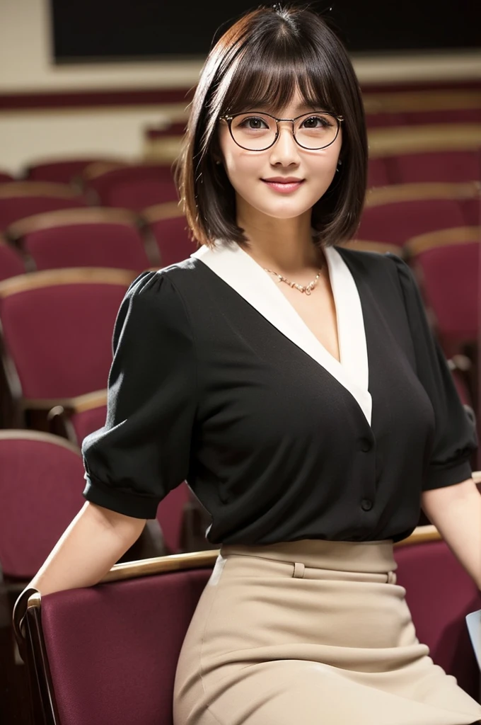 University lecture hall, university psychology associate professor, ((full body)), ((photo)), ((best qualtiy, 8K, tmasterpiece:1.3)), Focus:1.2, perfect figure beautiful woman:1.4, 1woman, cowboy shot, look at viewer, eyes facing the camera, incredibly absurd, beautiful and cute woman with a photorealistic face, showcasing top-quality craftsmanship, A Japanese woman giving a lecture at a university lecture hall, 27 years old, with a bob cut and flipped hair, short bangs swept at an angle, smooth and shiny hair, natural hairline, fair and smooth skin, plump and healthy cheeks, large, jet black eyes, round eyes, long and upward-facing eyelashes, double eyelids, thin and straight eyebrows, small and round nose, plump lips, upturned corners of the mouth, charming smile, cute face, glamorous, well-balanced proportions, tall, beautiful D-cup breasts, silver-rimmed glasses, pink blouse, black tight skirt, fashion with a waist-marked silhouette, scarf, heeled shoes, vanilla perfume, beautiful, pretty older woman, glasses suit her, knowledgeable, playful, curious, intelligent, elegant, November