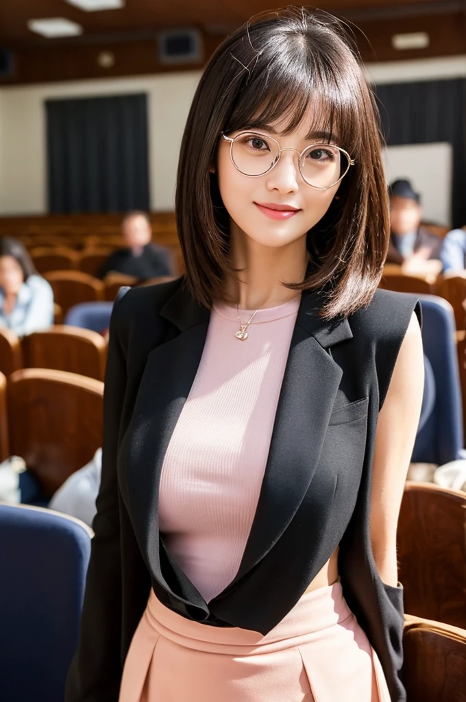 The charm of a sexy adult woman、University lecture hall, university psychology associate professor, ((full body)), ((photo)), ((best qualtiy, 8K, tmasterpiece:1.3)), Focus:1.2, perfect figure beautiful woman:1.41woman, cowboy shot, look at viewer, eyes facing the camera, incredibly absurd, beautiful and cute woman with a photorealistic face, showcasing top-quality craftsmanship, A Japanese woman giving a lecture at a university lecture hall, 27 years old, with a bob cut and flipped hair, short bangs swept at an angle, smooth and shiny hair, natural hairline, fair and smooth skin, plump and healthy cheeks, large, jet black eyes, round eyes, long and upward-facing eyelashes, double eyelids, thin and straight eyebrows, small and round nose, plump lips, upturned corners of the mouth, charming smile, cute face, glamorous, well-balanced proportions, tall, beautiful D-cup breasts, silver-rimmed glasses, pink blouse, black tight skirt, fashion with a waist-marked silhouette, scarf, heeled shoes, vanilla perfume, beautiful, pretty older woman, glasses suit her, knowledgeable, playful, curious, smart, elegant, November