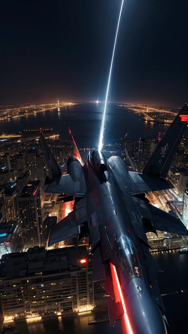 "A large fighter jet flying above the city, approaching the monster."night neon