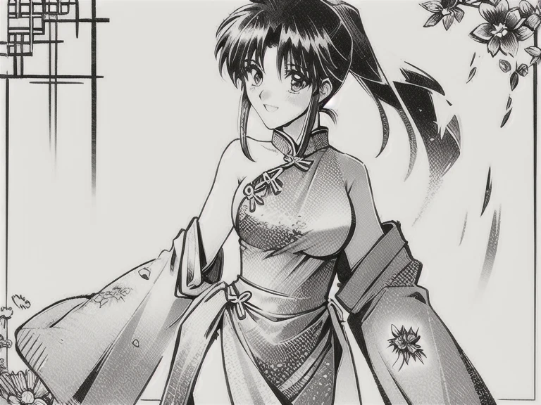 A stunning 17-year-old anime girl, solo and radiant, dons a breathtaking chinese dress, bare shoulder. Her slender body and long legs are showcased as she strikes a shy yet captivating smile. Her beautiful eyes sparkle under the gentle framing of her raven-black locks, hair tien in ponytail which cascade down her face like a waterfall. In high-quality monochromatic tones, her kaorumanga-inspired beauty shines bright against a simple, uncluttered background, drawing full focus on her resplendent figure,(bunch of flowers:1.3), (zentangle:1.2), (geometric:1.2)