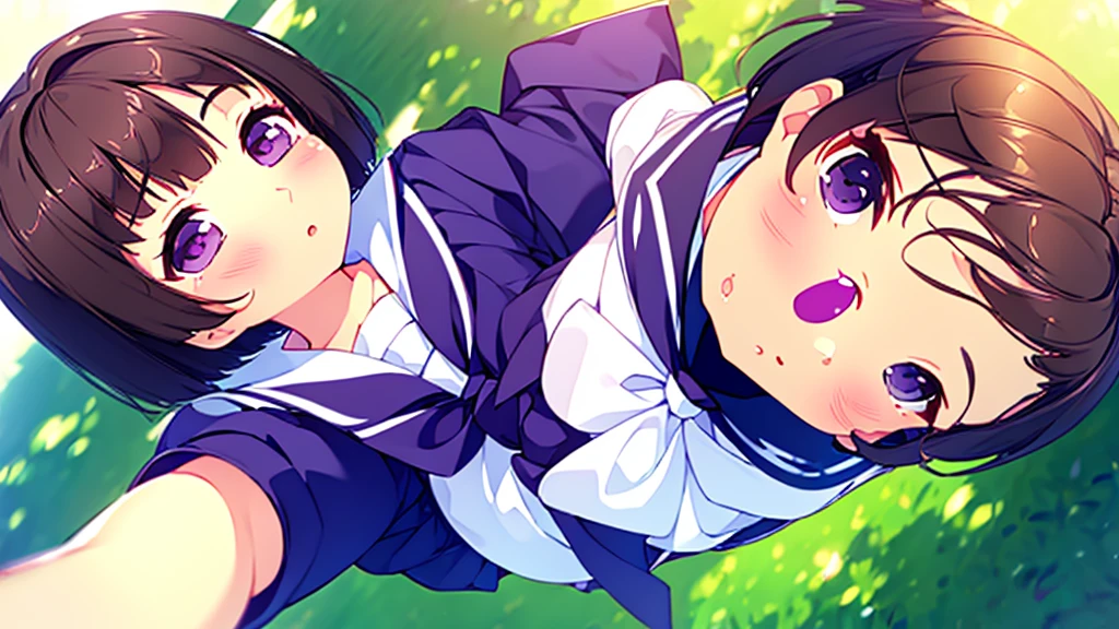 (High quality), (masterpiece), (very detailed), girl, (very small bust), short brown hair, purple eyes, shy face, (primary school ), showing her thighs, on the school yard, sunny, camera angle from below, adorable eyes, (primar school uniform)
