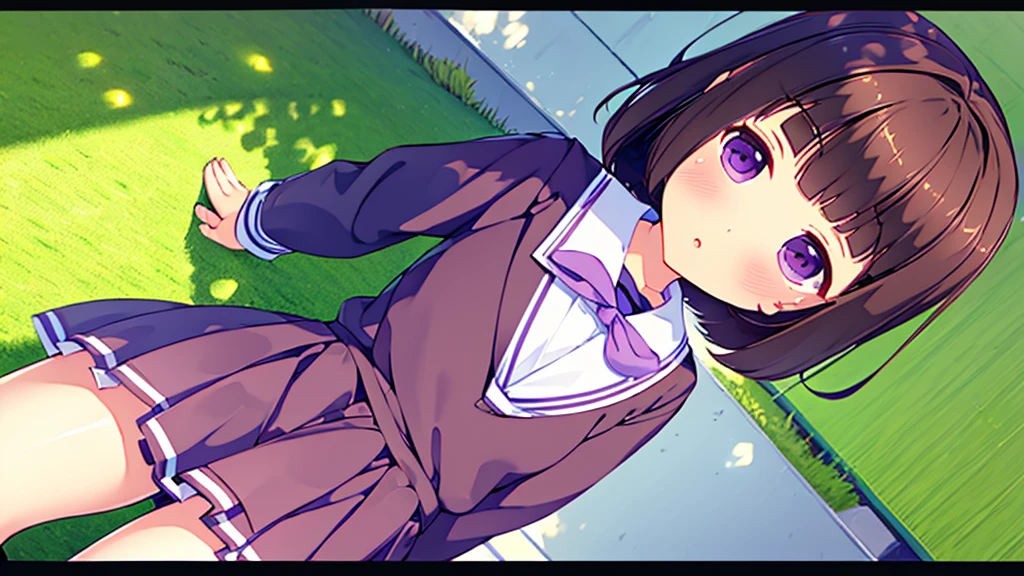 (High quality), (masterpiece), (very detailed), girl, (very small bust), short brown hair, purple eyes, shy face, (li), showing her thighs, on the school yard, sunny, camera angle from below, adorable eyes, (primar school uniform)