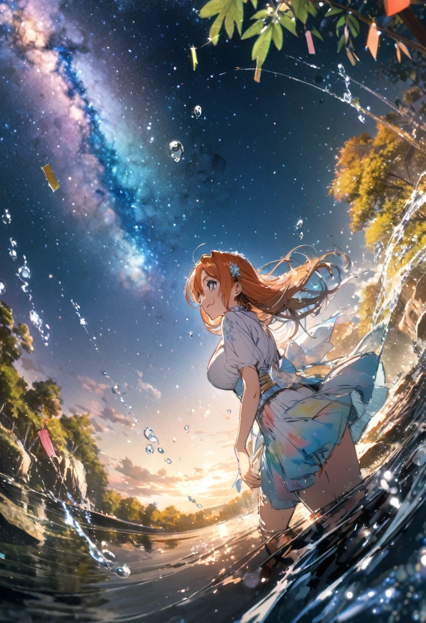 masterpiece,highest quality,ultra-detailed,high-definition background,8K,hi-res,high quality,BREAK,Water Drop,girl, japanese manga style, sketch, Watercolor Colors.Tanabata.milky way、((Orihime and Hikoboshi:1.5))、A radiant smile、Smile、Star of the sky、Mysterious Forest、Fantastic landscape、Fairy&#39;s Feast、spring:2