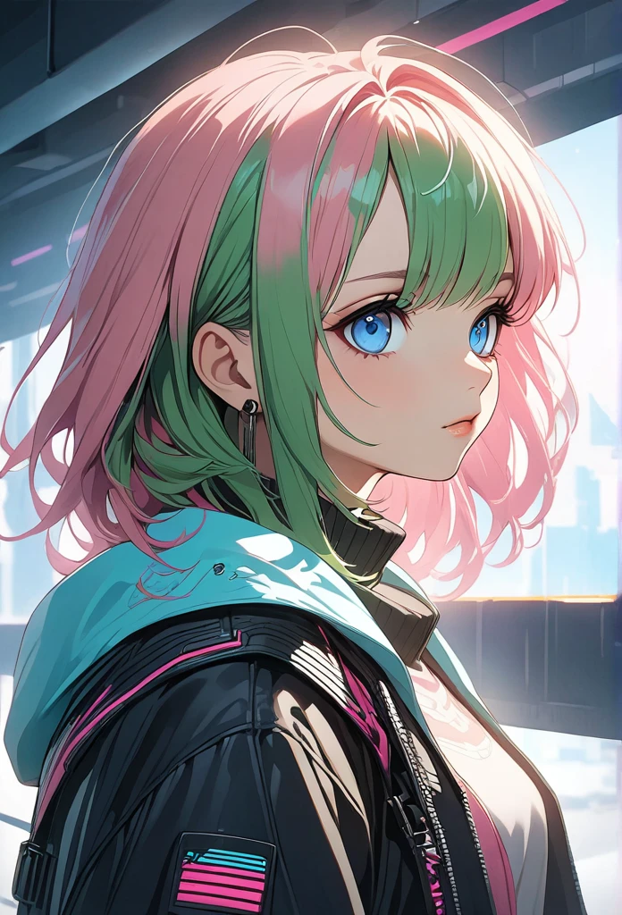 woman, Realistic characters, Green hair and pink hair, blue eyes, anime, alone, Modern, cyber punk