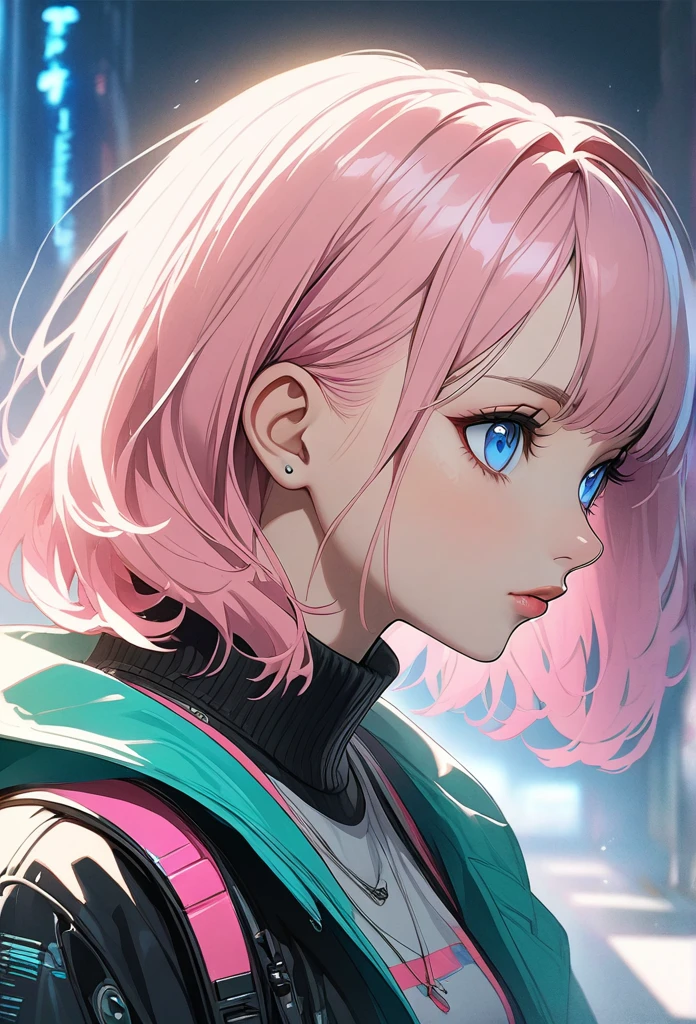 woman, Realistic characters, Green hair and pink hair, blue eyes, anime, alone, Modern, cyber punk