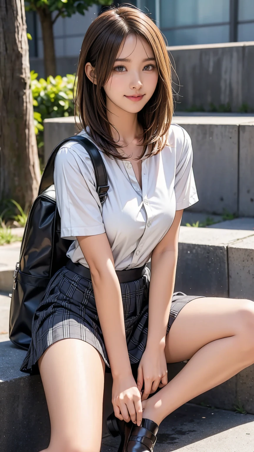 ((masterpiece)),(((Highest quality))),Thin thighs,Long legs,An 18-year-old high school girl standing on the school steps,White shirt,Blue and white plaid mini skirt:1.5,The best smile,Short bob with side waves:1.5，Carrying a black backpack，wear black loafers，Facing the front and spreading legs:1.5，