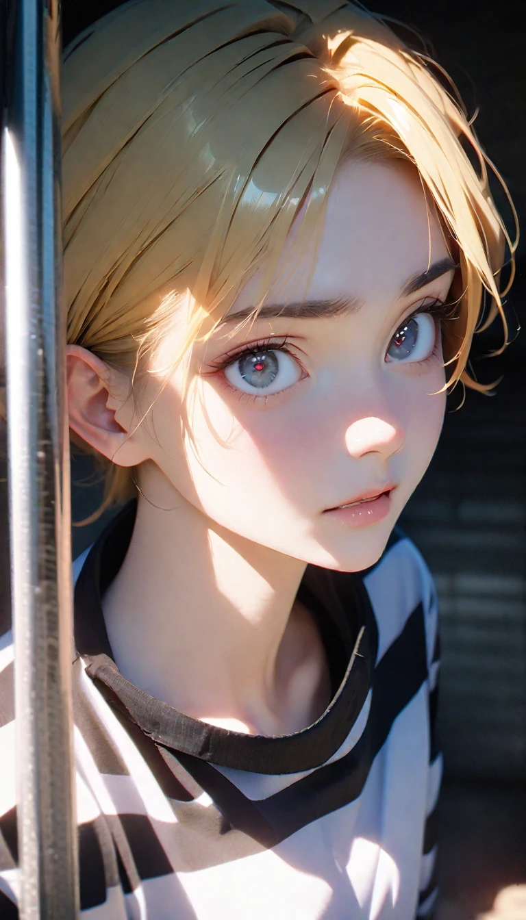 (8K, RAW photos, best quality, masterpiece: 1.4), (((关在Jail的Middle-aged men)))，Ultra-high resolution, Extremely detailed, light, Upper body close-up, Middle-aged men, black eyes, (delicate eyes, Eyes are bright:1.2), Yellow short hair, Fair skin,dark, Prison uniform,(perfect anatomy:1.2), High-quality shadows, Natural Lighting, (White highlights:1.2), night, cloudy day, (Jail:1.2), (Frustration:1.2)