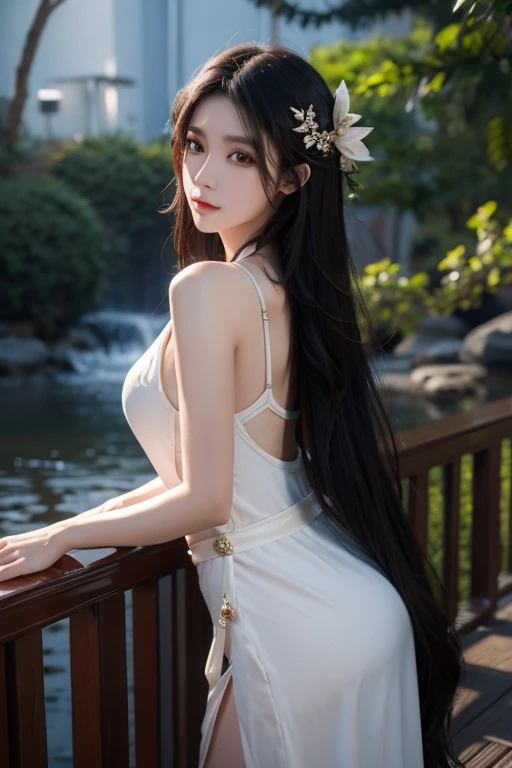 Create an image of a woman with smooth skin, a fair complexion. Her eyes are mesmerizing, with an emerald green color that reflects deep serenity. She has long, straight, ebony hair, naturally shiny under the lights. Naked. The scene is the garden by the lake, illuminated by the gentle moonlight. Night lights accentuate beauty