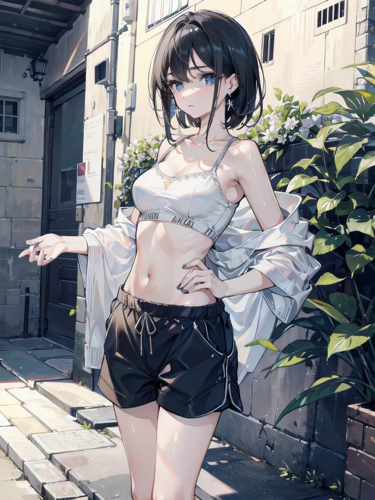 absurdres, RAW photo, extremely delicate and beautiful, masterpiece, Best Quality, ultra high resolution, 32k, hyperrealistic, ultra-detailed, in her 20s, delicate facial features, beautiful detailed girl, tearful mole, earring, medium breasts, full body shot, shorter middle hair, black hair, Joggers Shorts, bare shoulder,