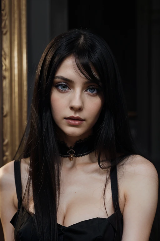 Masterpiece, Best Quality, A very beautiful and mysterious woman with long straight black hair, big blue eyes and pale complexion, gothic, from Madrid, 22 years, very elegant, sexy, hair like Cleopatra