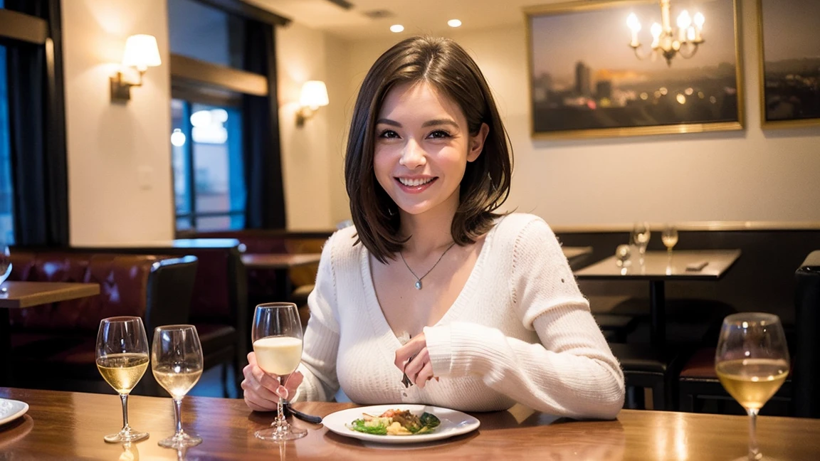 K, uhd, top quality, masterpiece: 1.2), (realistic, photorealistic: 1.37), Super detailed, Celebration, 3 women who love wine, 3 men, champagne, Sparkling wine, Winter night, Banquet of wine in the restaurant, (4 thin men and women), (wine for 5 people)、(Thin face),Happy、Best smile、Fox face、Raccoon face、Berry Short、(Because I'm thin), ( brown hair), (shortcut), long sleeve shirt, winter fashion, Colombian, Brazilian, Japanese, Dutch, German, Portuguese, Belgian, Italian, French, Mexican, (laughed), (slim body), (brown hair ), (short), well-groomed beauty, rosy cheeks. a small, (41 years old), 38 years old, alone, A beautiful and detailed night view stretches outside the window..., restaurant, Sitting wine glass, At night, in a prominent place (from the top of the body) rana nova style, actress, model, upper body, white wine, medium saggy breasts, wine glass, super clean night view, wine glass in the middle, happy smile, (smile: 1.15),