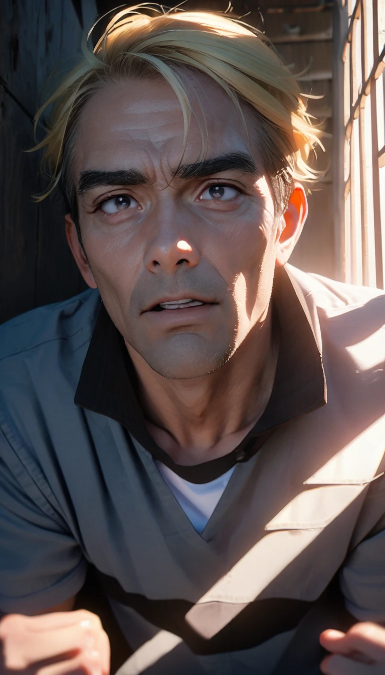 (8K, RAW photos, best quality, masterpiece: 1.4), (((关在Jail的Middle-aged men))),Ultra-high resolution, Extremely detailed, light, Upper body close-up, Middle-aged men, black eyes, (delicate eyes, Eyes are bright:1.2), Yellow short hair, Fair skin,dark, Prison uniform,(perfect anatomy:1.2), High-quality shadows, Natural Lighting, (White highlights:1.2), night, cloudy day, (Jail:1.2), (Frustration:1.2)