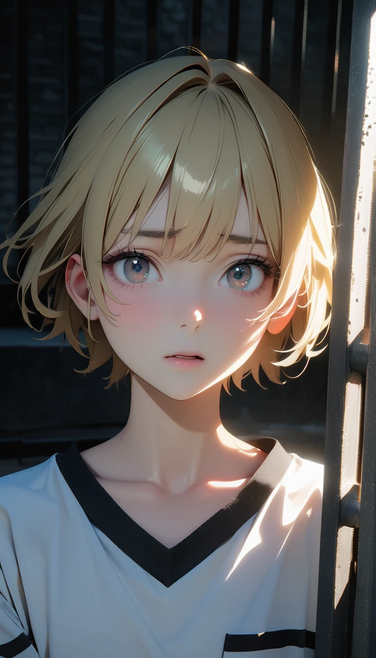 (8K, RAW photos, best quality, masterpiece: 1.4), (((关在Jail的Middle-aged men))),Ultra-high resolution, Extremely detailed, light, Upper body close-up, Middle-aged men, black eyes, (delicate eyes, Eyes are bright:1.2), Yellow short hair, Fair skin,dark, Prison uniform,(perfect anatomy:1.2), High-quality shadows, Natural Lighting, (White highlights:1.2), night, cloudy day, (Jail:1.2), (Frustration:1.2)