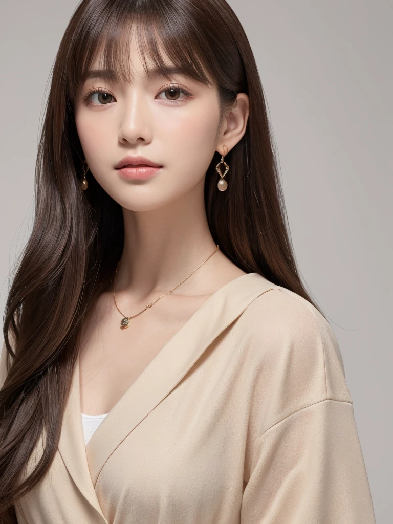  ((Highest quality, 8K, masterpiece:1.3)), concentrate: 1.2, Perfect body beauty: 1.4, Hips: 1.2, ((Long Hair, chest: 1.2)), (Dry clothes: 1.1) , (clear, Simple Background:1.3), Simple clothes: 1.1, Highly detailed face and skin texture,Delicate eyes, double eyelid, Whitened skin, Rough skin、Long Hair、Earrings with bangs、necklace、 solo、Beige coat、White shirt,  (((Beautiful girl with cute Japan)))、  ((Beautiful Japanese girl 20 years old))、 ((Baby Face))、 (((Slender body)))、  Upper Body，Face focus、necklace，Simple Background，From above， Realistic Hair、 A photograph was taken:Canon EOS R6、135mm、1/1250 seconds、f2.8、ISO400、(Detailed explanation of the hand)、(Masseter muscle area)、(Exquisite CG)、Long Hair, loose and curly hair、Korean Hair、Long Hair明るいベージュ色、グラデーションハイライトグレージュのゆるふわLong Hairスタイル、