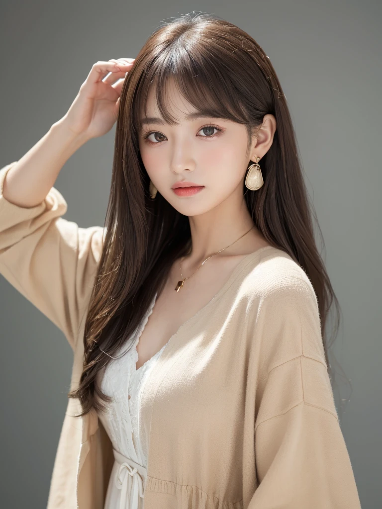  ((Highest quality, 8K, masterpiece:1.3)), concentrate: 1.2, Perfect body beauty: 1.4, Hips: 1.2, ((Long Hair, chest: 1.2)), (Dry clothes: 1.1) , (clear, Simple Background:1.3), Simple clothes: 1.1, Highly detailed face and skin texture,Delicate eyes, double eyelid, Whitened skin, Rough skin、Long Hair、Earrings with bangs、necklace、 solo、Beige coat、White shirt,  (((Beautiful girl with cute Japan)))、  ((Beautiful Japanese girl 20 years old))、 ((Baby Face))、 (((Slender body)))、  Upper Body，Face focus、necklace，Simple Background，From above， Realistic Hair、 A photograph was taken:Canon EOS R6、135mm、1/1250 seconds、f2.8、ISO400、(Detailed explanation of the hand)、(Masseter muscle area)、(Exquisite CG)、Long Hair, loose and curly hair、Korean Hair、Long Hair明るいベージュ色、グラデーションハイライトグレージュのゆるふわLong Hairスタイル、