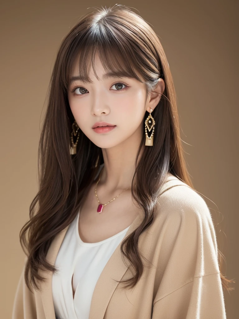 ((Highest quality, 8K, masterpiece:1.3)), concentrate: 1.2, Perfect body beauty: 1.4, Hips: 1.2, ((Long Hair, chest: 1.2)), (Dry clothes: 1.1) , (clear, Simple Background:1.3), Simple clothes: 1.1, Highly detailed face and skin texture,Delicate eyes, double eyelid, Whitened skin, Rough skin、Long Hair、Earrings with bangs、necklace、 solo、Beige coat、White shirt, (((Beautiful girl with cute Japan)))、 ((Beautiful Japanese girl 20 years old))、 (())、 (((Slender body)))、 Upper Body,Face focus、necklace,Simple Background,From above, Realistic Hair、 A photograph was taken:Canon EOS R6、135mm、1/1250 seconds、f2.8、ISO400、(Detailed explanation of the hand)、(Masseter muscle area)、(Exquisite CG)、Long Hair, loose and curly hair、Korean Hair、Long Hair明るいベージュ色、グラデーションハイライトグレージュのゆるふわLong Hairスタイル、