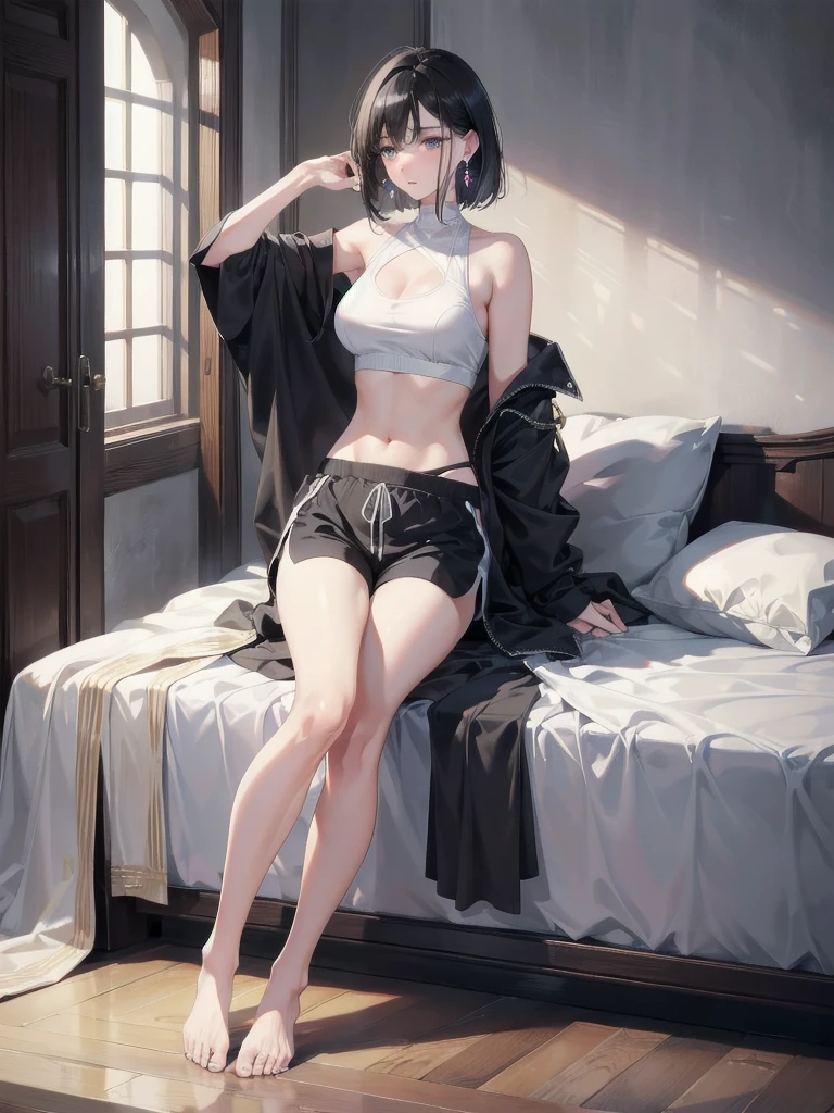 absurdres, RAW photo, extremely delicate and beautiful, masterpiece, Best Quality, ultra high resolution, 32k, hyperrealistic, ultra-detailed, in her 20s, delicate facial features, beautiful detailed girl, tearful mole, earring, medium breasts, full body shot, shorter middle hair, black hair, Joggers Shorts, bare shoulder,