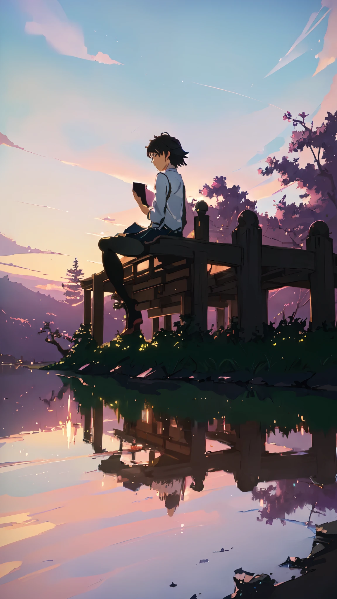 (((Makoto Shinkai style)),pixiv,anime drawing,high quality,pink purple sky,beautiful scene),a girl sitting under tree reading spellbook , maze , staff floating in art , beautiful magic of green shades , highly detailed , uhd , masterpiece