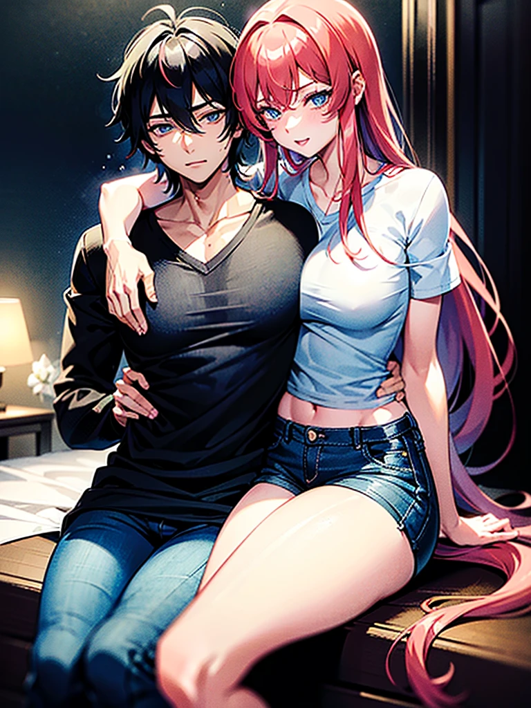 Anime Characters: Mikoto Suoh and Shikomori are in a beautiful bedroom. Both are hugging eachother romantically.
Mikoto Suoh is a tall, muscular man with red hair and amber eyes. He has Red hair is kept short, ruffled, and spiked, with two strands of hair near the opposite sides of his head falling over his face, as well as distinct sideburns. As a teenager, his hair, while still short and ruffled, was messier and his bangs fell across his forehead.
He wears a black jeans, and a white V-neck T shirt.
Miyako Shikimori is a tall teenage girl, with extremely long, flowing, Bright Pink hair that stretches nearly to her butt, blue eyes, and pale skin, she is wearing a blue designer top and a half jeans.
Ultra hd image, without any detailing mistake, beautiful, authentic, masterpiece.