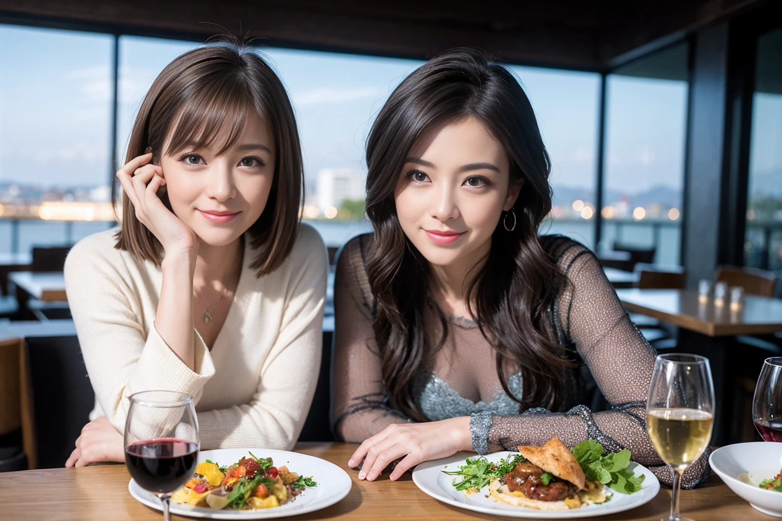 ((Highest quality、8K、masterpiece:1.3))、Yuuko Araki、slimカップル、ピンクmodelカップル、(Realistic, Intricate details:1.2), full-course dinner、Wine Party、Amazing view of the sunset sky and clouds、A bright smile、The wonderfulness of smile、Bright image、The beauty of wine, Beautiful Face, blue eyes, The light shines on your face, Blushing, short hair,Bright Face、42 years old,45 years old, red wine 、Appetizers、Italian food、Wine bottle、Champagne、sparkling wine、Two beauties、Brown Hair、Shortcuts、Long sleeve shirt、dress、Beautiful woman 1, (slimな顔), (The body is slim), (Brown Hair), (Shortcuts), cheeks turn a little red,Attractive beauty、restaurant, In a prominent place (From the waist up) Nova Frog Style, actress, model, Upper Body, White wine, slim, wine glass, 中央に置かれたwine glass, smile, (smile: 1.15), Beautiful fine grain, Depth f/2,saturation, High Contrast, Strong light and shadow,Moist Body:1.5、3D texture、Delicate eyes、Brown Hair、The hair is very shiny、