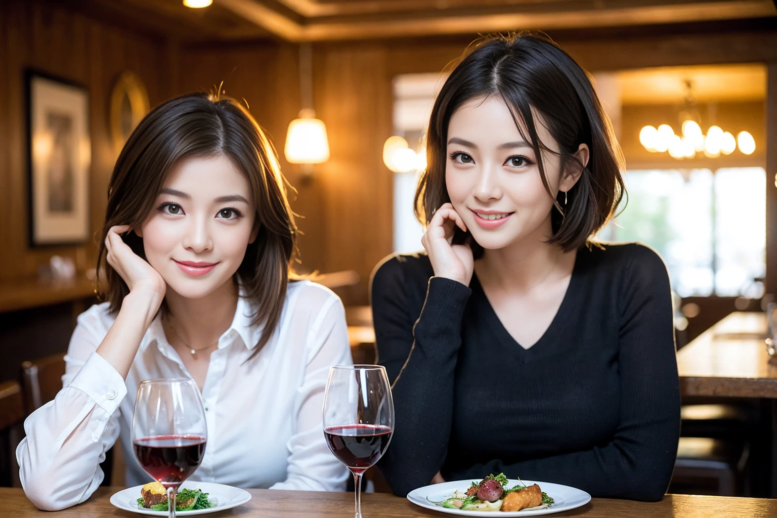 ((Highest quality、8K、masterpiece:1.3))、Yuuko Araki、slimカップル、ピンクmodelカップル、(Realistic, Intricate details:1.2), full-course dinner、Wine Party、Amazing view of the sunset sky and clouds、A bright smile、The wonderfulness of smile、Bright image、The beauty of wine, Beautiful Face, blue eyes, The light shines on your face, Blushing, short hair,Bright Face、42 years old,45 years old, red wine 、Appetizers、Italian food、Wine bottle、Champagne、sparkling wine、Two beauties、Brown Hair、Shortcuts、Long sleeve shirt、dress、Beautiful woman 1, (slimな顔), (The body is slim), (Brown Hair), (Shortcuts), cheeks turn a little red,Attractive beauty、restaurant, In a prominent place (From the waist up) Nova Frog Style, actress, model, Upper Body, White wine, slim, wine glass, 中央に置かれたwine glass, smile, (smile: 1.15), Beautiful fine grain, Depth f/2,saturation, High Contrast, Strong light and shadow,Moist Body:1.5、3D texture、Delicate eyes、Brown Hair、The hair is very shiny、