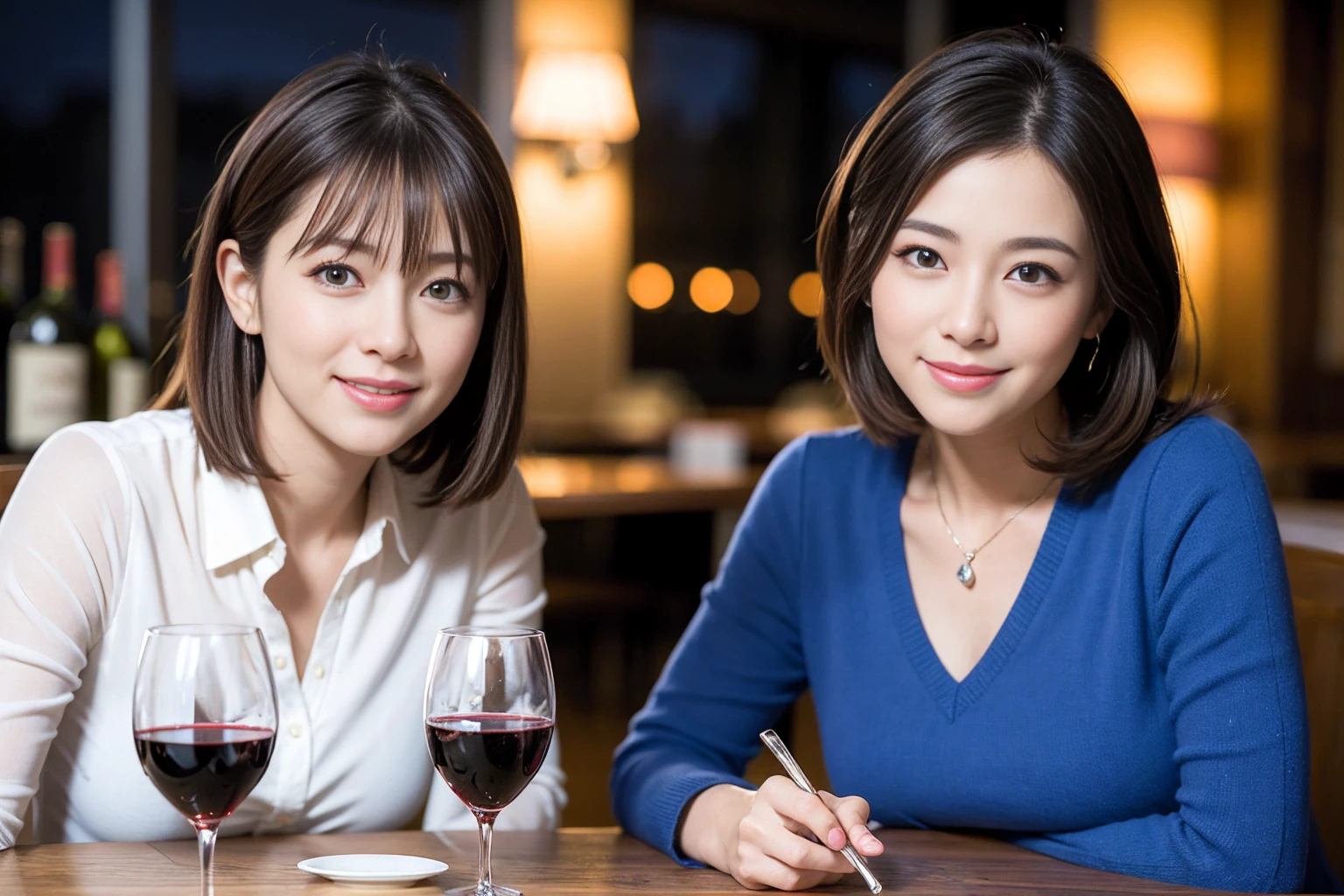 ((Highest quality、8K、masterpiece:1.3))、Yuuko Araki、slimカップル、ピンクmodelカップル、(Realistic, Intricate details:1.2), full-course dinner、Wine Party、Amazing view of the sunset sky and clouds、A bright smile、The wonderfulness of smile、Bright image、The beauty of wine, Beautiful Face, blue eyes, The light shines on your face, Blushing, short hair,Bright Face、42 years old,45 years old, red wine 、Appetizers、Italian food、Wine bottle、Champagne、sparkling wine、Two beauties、Brown Hair、Shortcuts、Long sleeve shirt、dress、Beautiful woman 1, (slimな顔), (The body is slim), (Brown Hair), (Shortcuts), cheeks turn a little red,Attractive beauty、restaurant, In a prominent place (From the waist up) Nova Frog Style, actress, model, Upper Body, White wine, slim, wine glass, 中央に置かれたwine glass, smile, (smile: 1.15), Beautiful fine grain, Depth f/2,saturation, High Contrast, Strong light and shadow,Moist Body:1.5、3D texture、Delicate eyes、Brown Hair、The hair is very shiny、