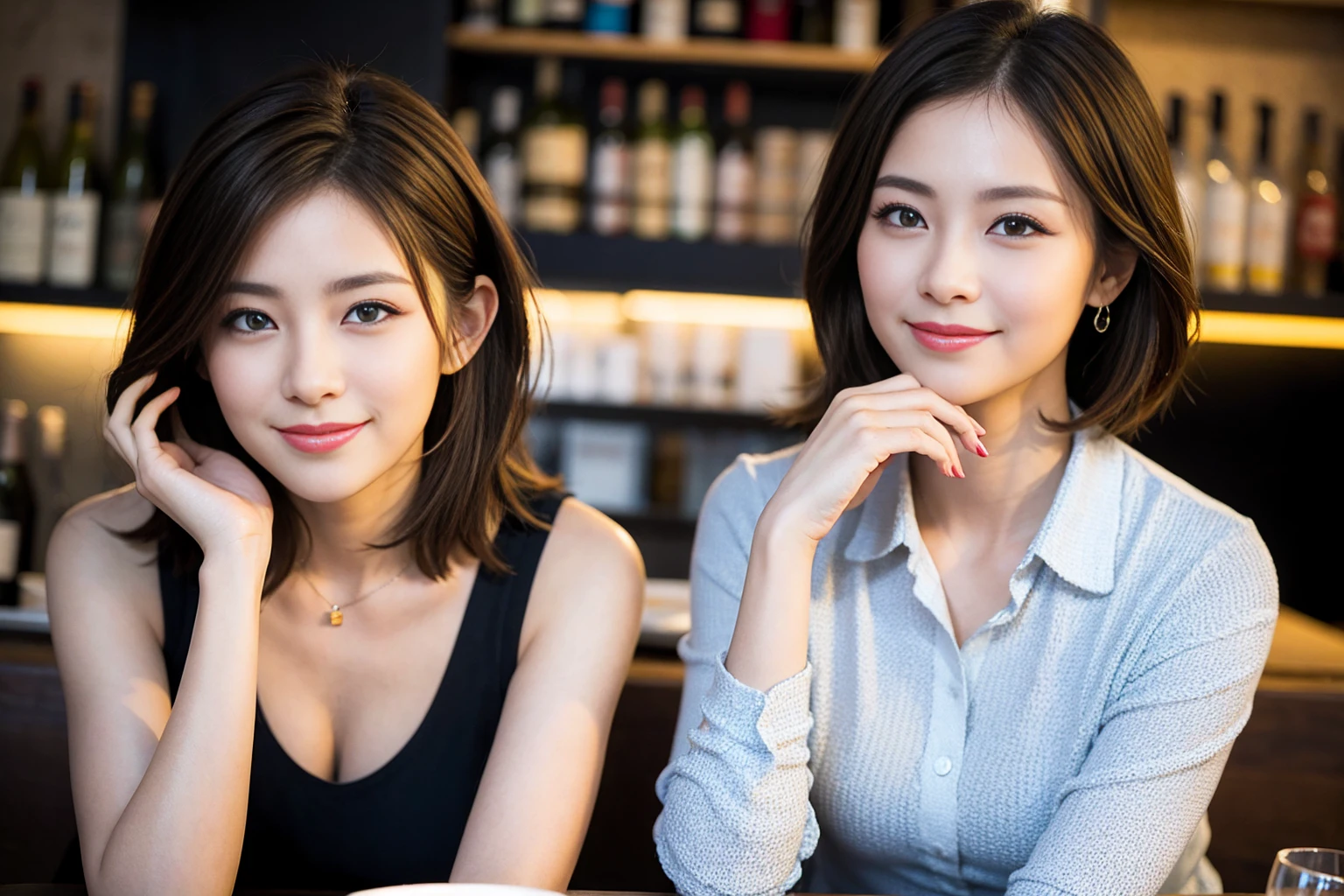 ((Highest quality、8K、masterpiece:1.3))、Yuuko Araki、slimカップル、ピンクmodelカップル、(Realistic, Intricate details:1.2), full-course dinner、Wine Party、Amazing view of the sunset sky and clouds、A bright smile、The wonderfulness of smile、Bright image、The beauty of wine, Beautiful Face, blue eyes, The light shines on your face, Blushing, short hair,Bright Face、42 years old,45 years old, red wine 、Appetizers、Italian food、Wine bottle、Champagne、sparkling wine、Two beauties、Brown Hair、Shortcuts、Long sleeve shirt、dress、Beautiful woman 1, (slimな顔), (The body is slim), (Brown Hair), (Shortcuts), cheeks turn a little red,Attractive beauty、restaurant, In a prominent place (From the waist up) Nova Frog Style, actress, model, Upper Body, White wine, slim, wine glass, 中央に置かれたwine glass, smile, (smile: 1.15), Beautiful fine grain, Depth f/2,saturation, High Contrast, Strong light and shadow,Moist Body:1.5、3D texture、Delicate eyes、Brown Hair、The hair is very shiny、