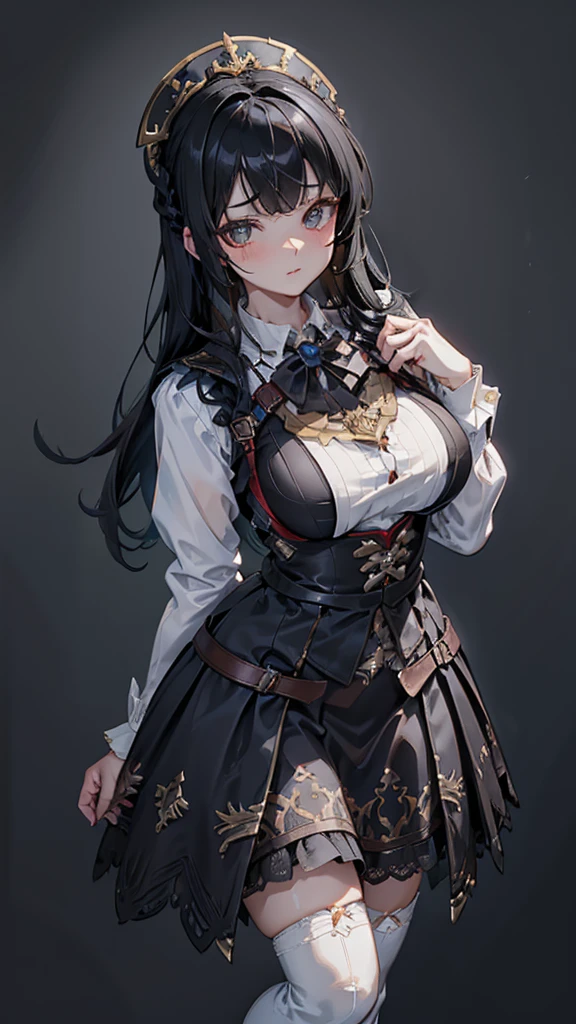 braid，单条braid，Dress，蓝色Dress，Blue skirt，Black Hair，Black Hair，Golden Eyes，Golden pupils，Lace decoration，White knee socks，White garter stockings，White socks，White tights，White Silk，Black boots，Black boots，Sassy，Handsome，murderous，murderous，Vicious，cool girl，Mature girl，Busty girl，Fantasy style，Fantasy style，Close-up above the waist，Big breasts，Big Ass，Big breasts，Fantasy style，Dark Style，Gothic style，