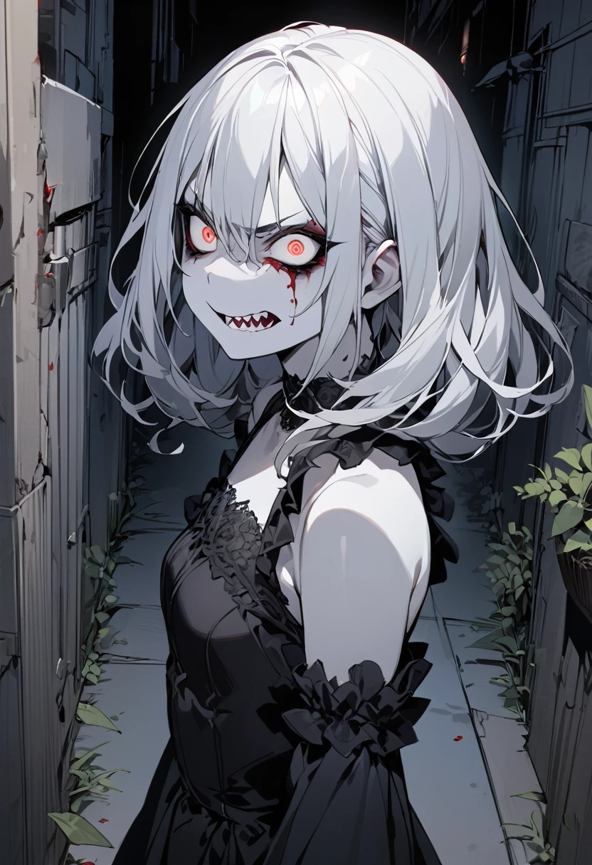 ((best quality)), ((masterpiece)), (detailed), 1girl, ((portrait)), drow, black makeup,(black dress), briar, (night), back alley, ((pale skin)), sharp teeth, ((small breasts)), solo, (crazy eyes), white hair, angry, blood, evil, frills,