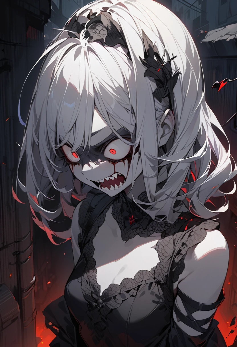 ((best quality)), ((masterpiece)), (detailed), 1girl, ((portrait)), drow, black makeup,(black dress), briar, (night), back alley, ((pale skin)), sharp teeth, ((small breasts)), solo, (crazy eyes), white hair, angry, blood, evil, frills,
