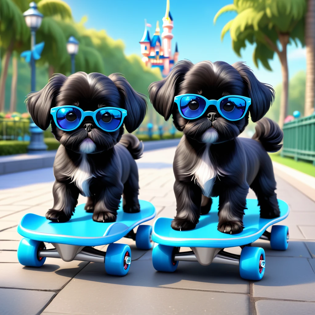 2 Adorable small black Shih Tzu puppies wearing blue sunglasses roller skating on sidewalk park background 3d cartoon 3d render disney pixar style