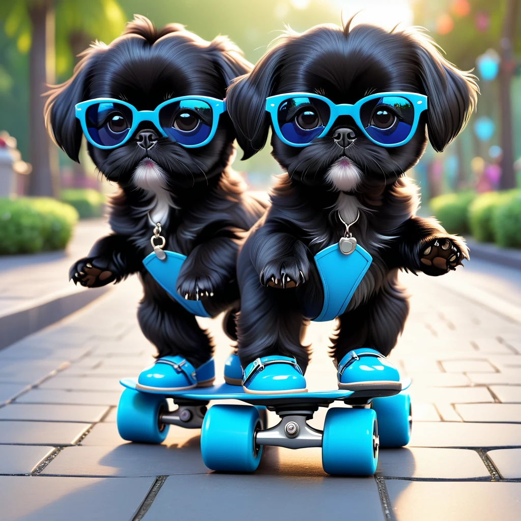 2 Adorable small black Shih Tzu puppies wearing blue sunglasses roller skating on sidewalk park background 3d cartoon 3d render disney pixar style