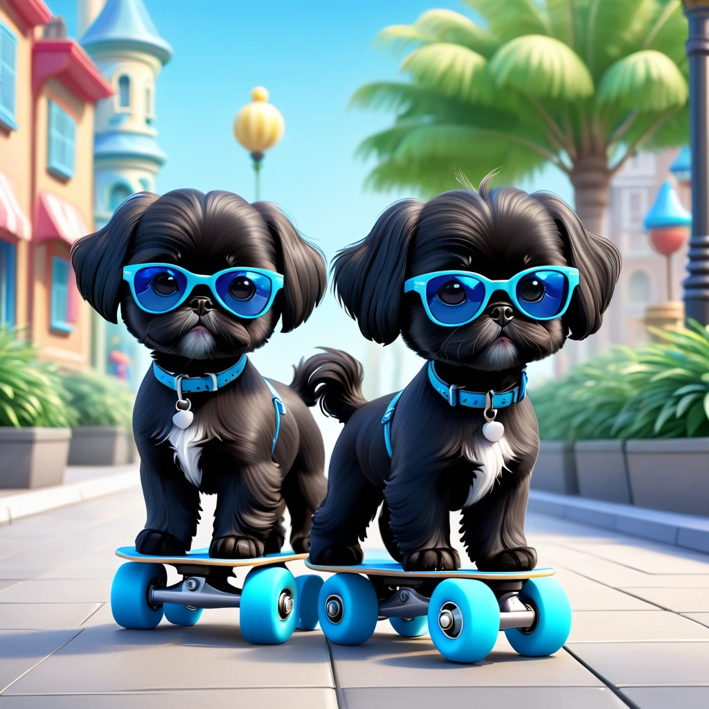 2 Adorable small black Shih Tzu puppies wearing blue sunglasses roller skating on sidewalk park background 3d cartoon 3d render disney pixar style